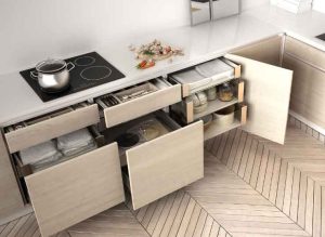 arrange dishes in kitchen cabinet