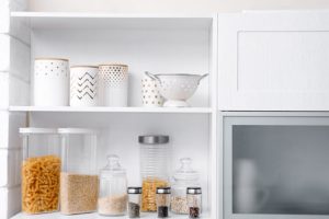 kitchen with open shelves and cabinets