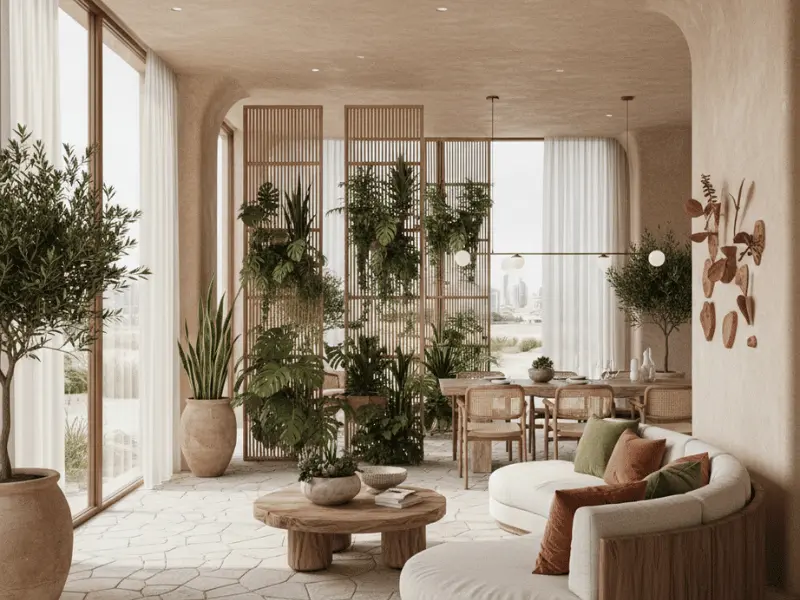 Biophilic-inspired UAE home interior with natural light, plant dividers, and organic materials reflecting 2026 interior design trends.