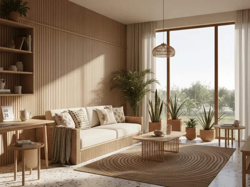 Contemporary UAE interior featuring 2026 warm earthy colors, including clay-toned walls, olive accents, and caramel furnishings