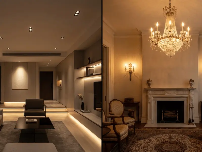 Side-by-side comparison of modern lighting and classic lighting styles.