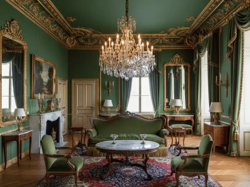 Traditional classic interior living room with ornate furniture, velvet textures, and elegant architectural details.