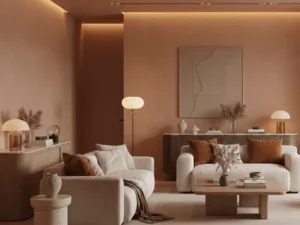 Warm and modern UAE living room showcasing interior trends 2026 with textured walls, natural wood furniture, and layered ambient lighting
