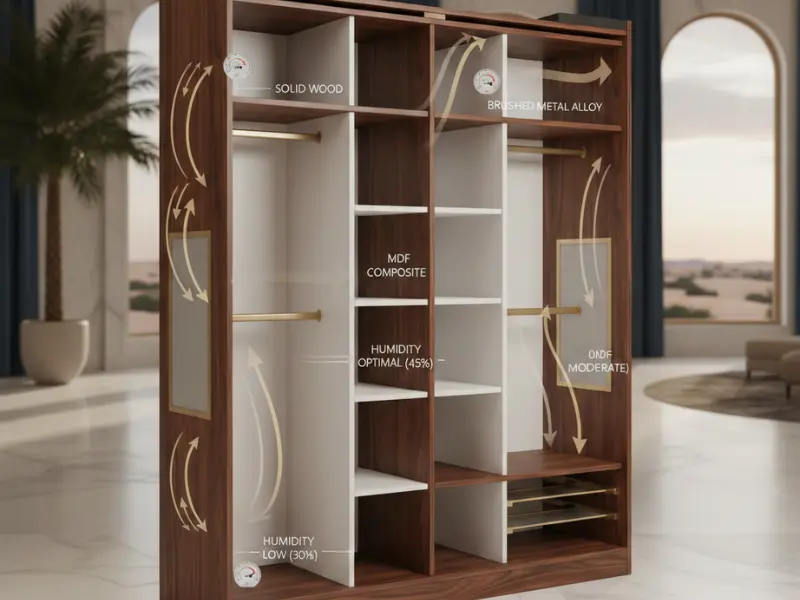 Infographic illustrating optimal wardrobe materials and ventilation for fresh interiors | wardrobe scent