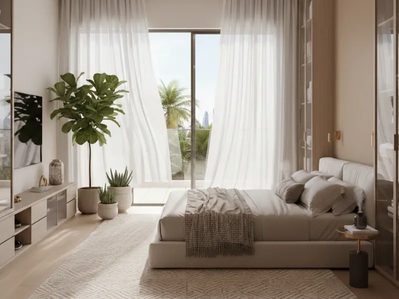 Luxury Dubai villa bedroom interior with fresh, airy design and elegant storage