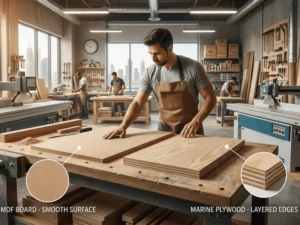 Modern interior joinery workshop comparing MDF board and marine plywood