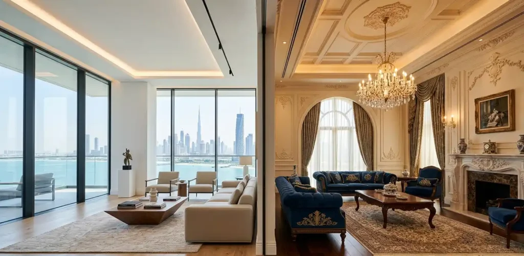 Modern vs classic interior design comparison in a Dubai luxury home