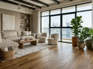 SPC flooring Dubai living room interior with wood finish | interior design companies
