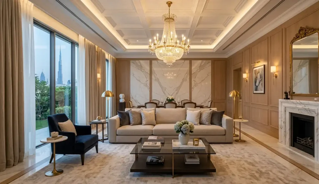 Transitional interior design blending modern and classic styles in Dubai home