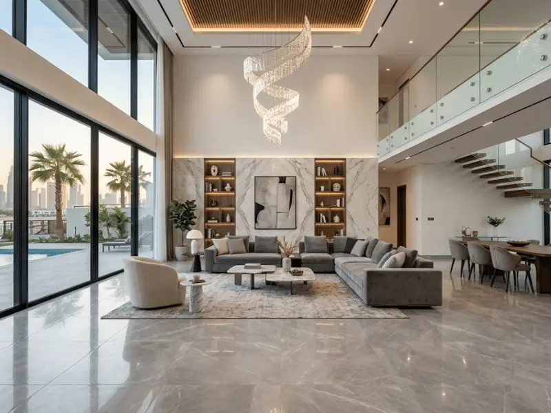 best flooring options for Dubai fit-outs with SPC and porcelain in modern apartment