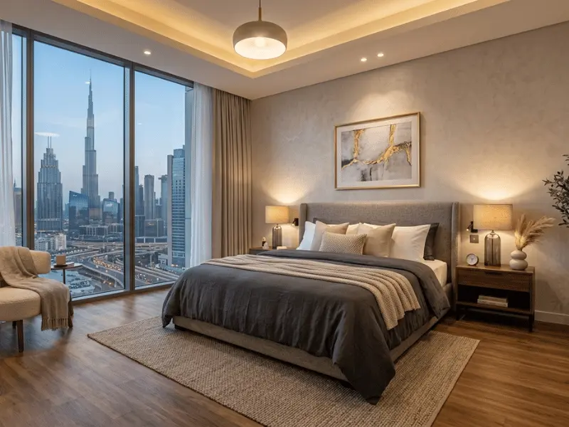 vinyl flooring Dubai bedroom with modern interior design