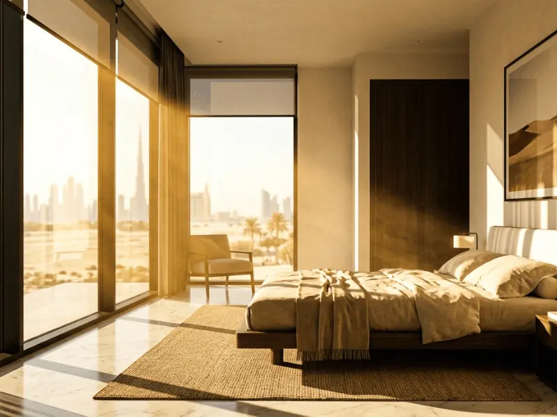 Dubai villa bedroom with large window facing strong sunlight