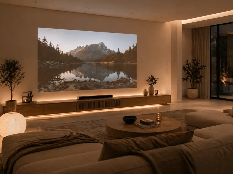 minimalist living room with hidden projector system